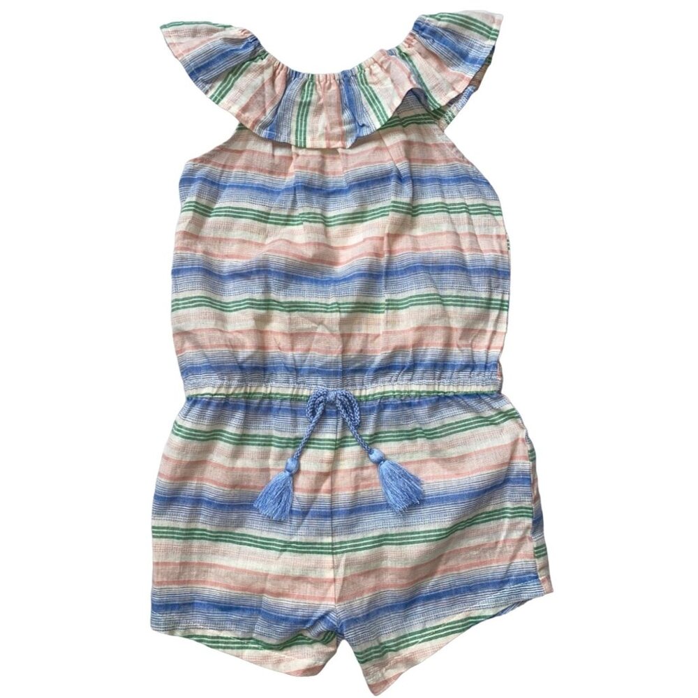 Mud Pie 5T NWT striped short romper jumpsuit blue green pink flutter sleeves